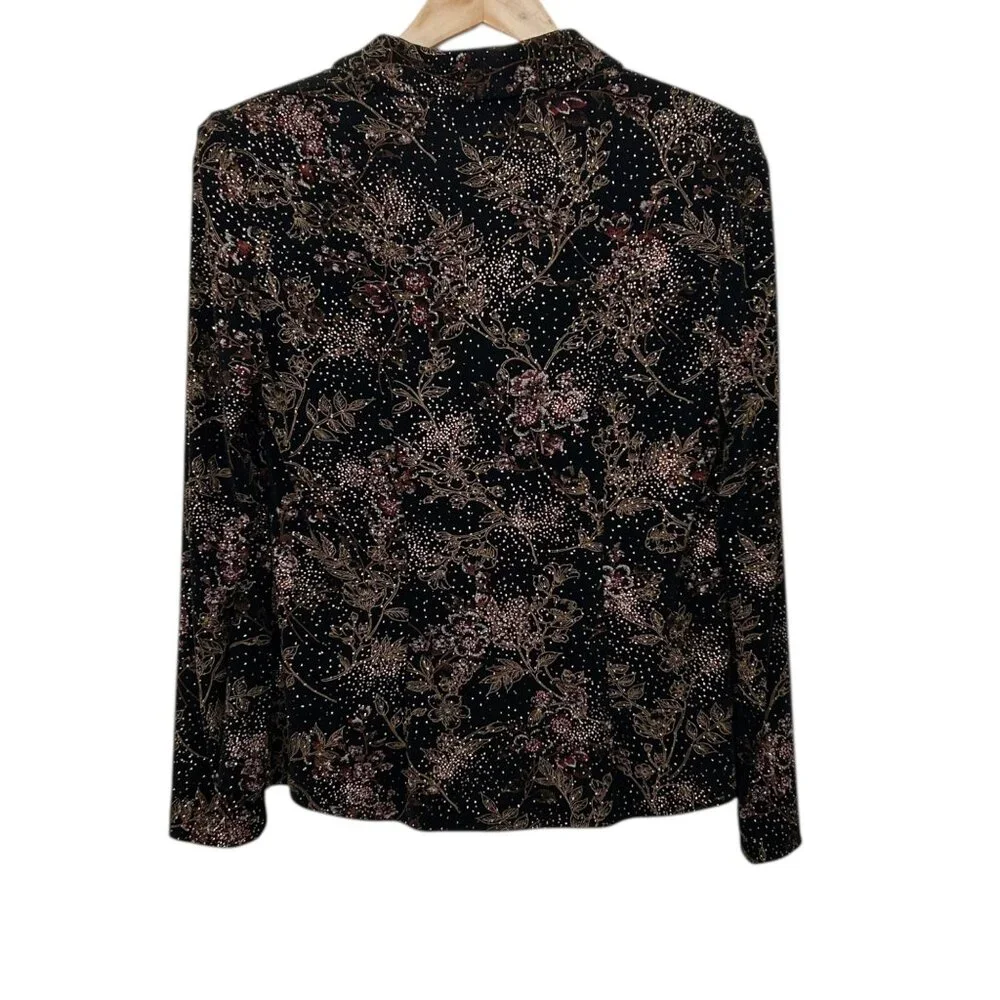 Alex Evenings Vintage Metallic Glitter Floral Design Open Front Jacket (S)